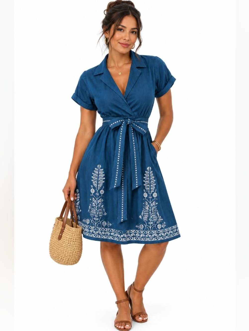 BCBG Blue Embroidered Wrap Dress with Tie Waist
